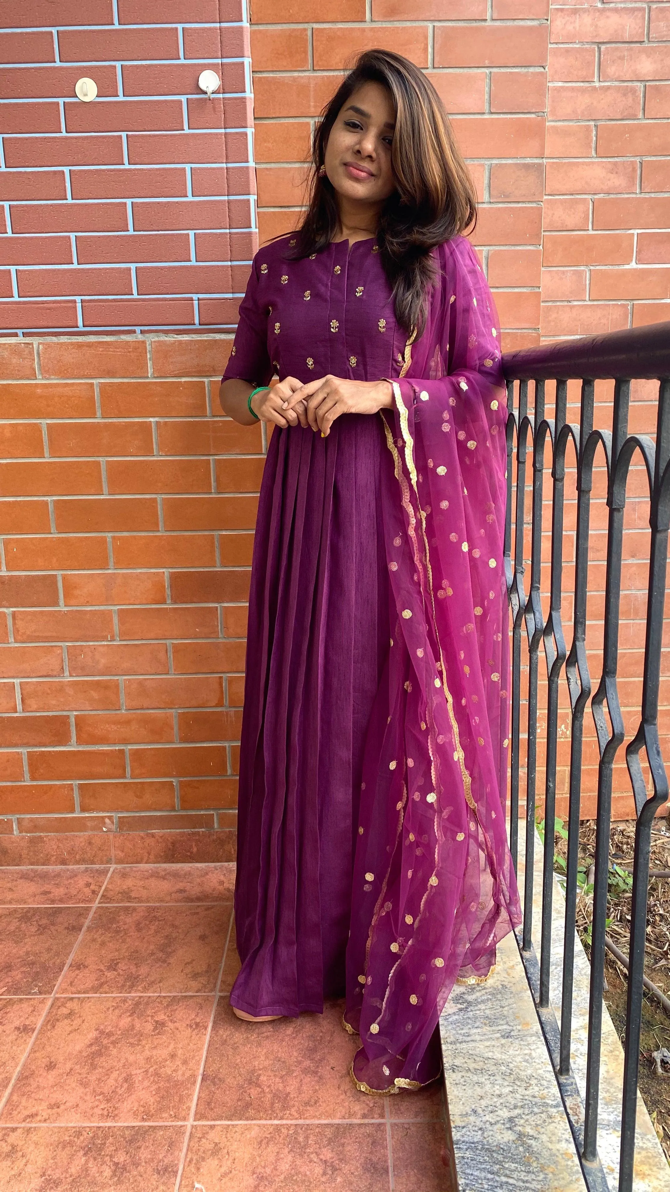 Wine silk salwar full hand worked top and sleeve worked dress