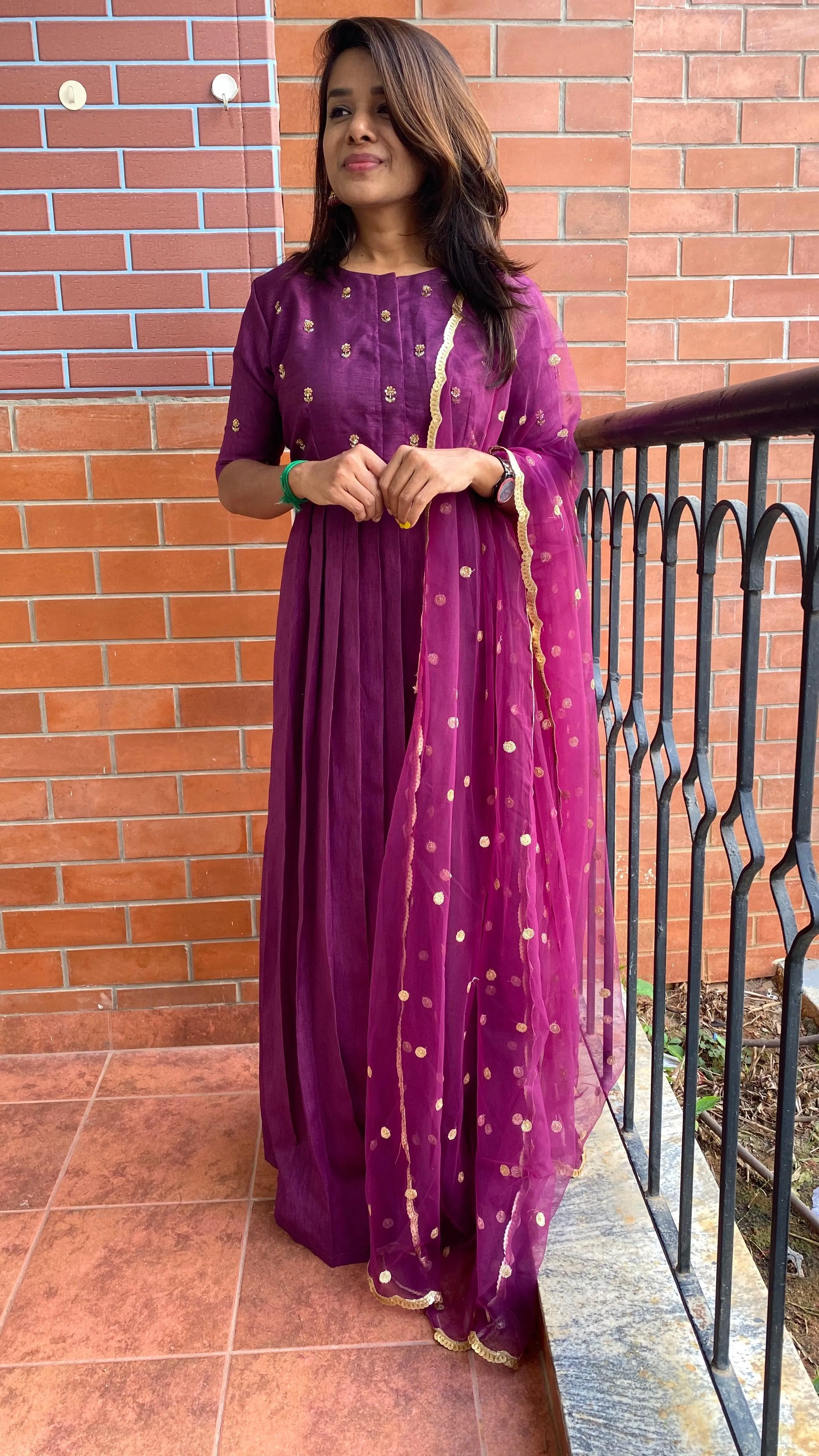 Wine silk salwar full hand worked top and sleeve worked dress