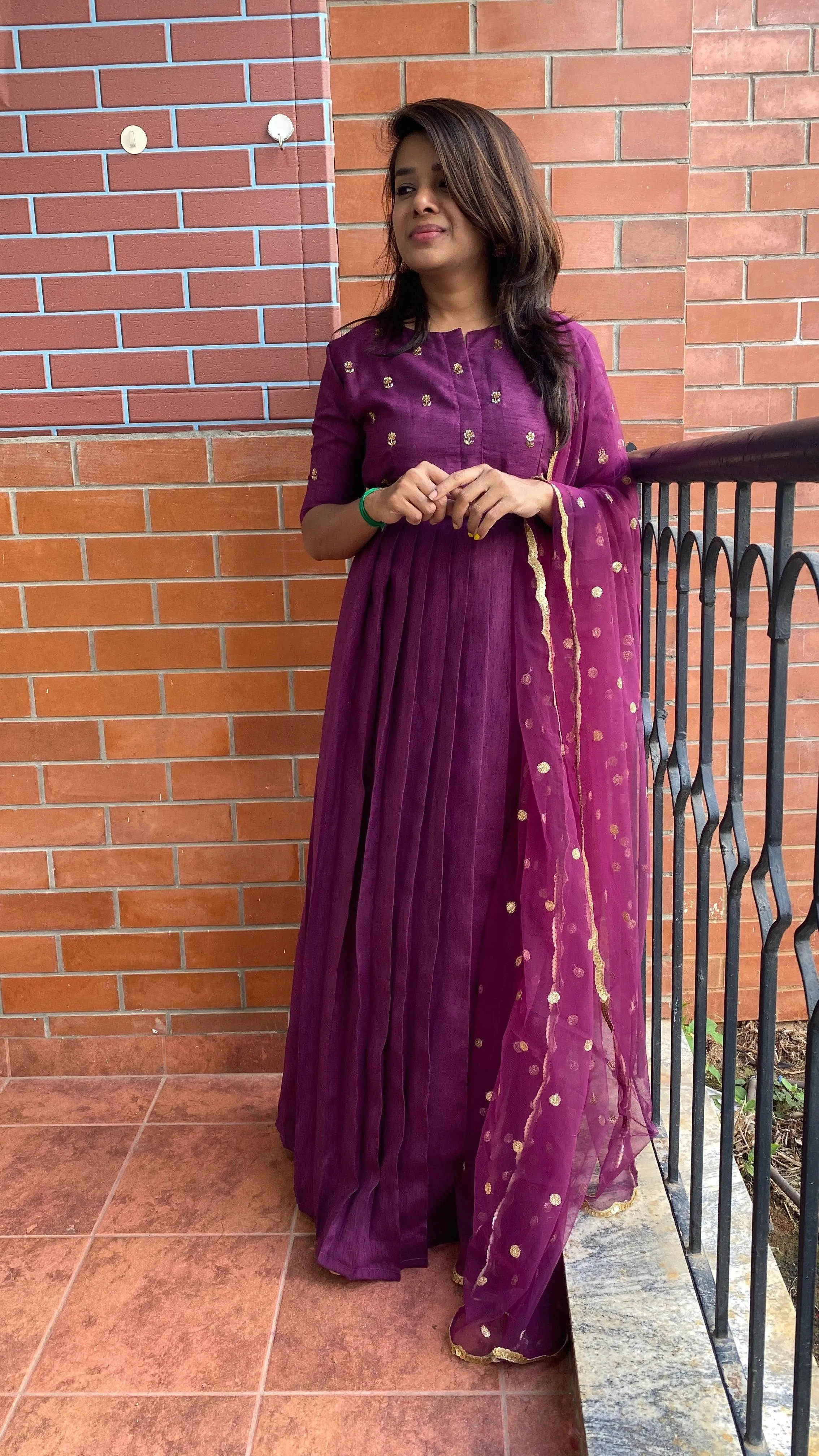 Wine silk salwar full hand worked top and sleeve worked dress