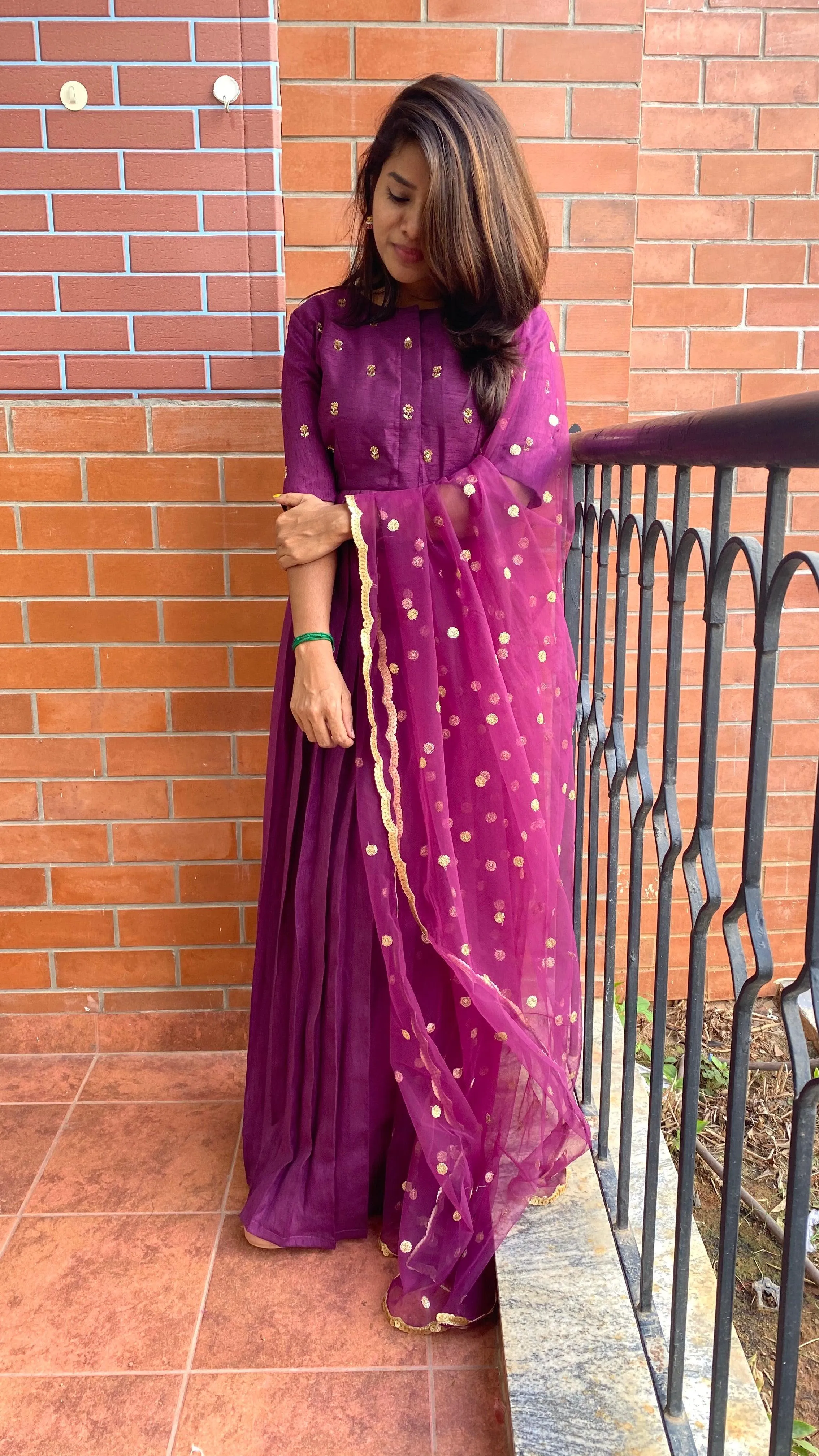 Wine silk salwar full hand worked top and sleeve worked dress