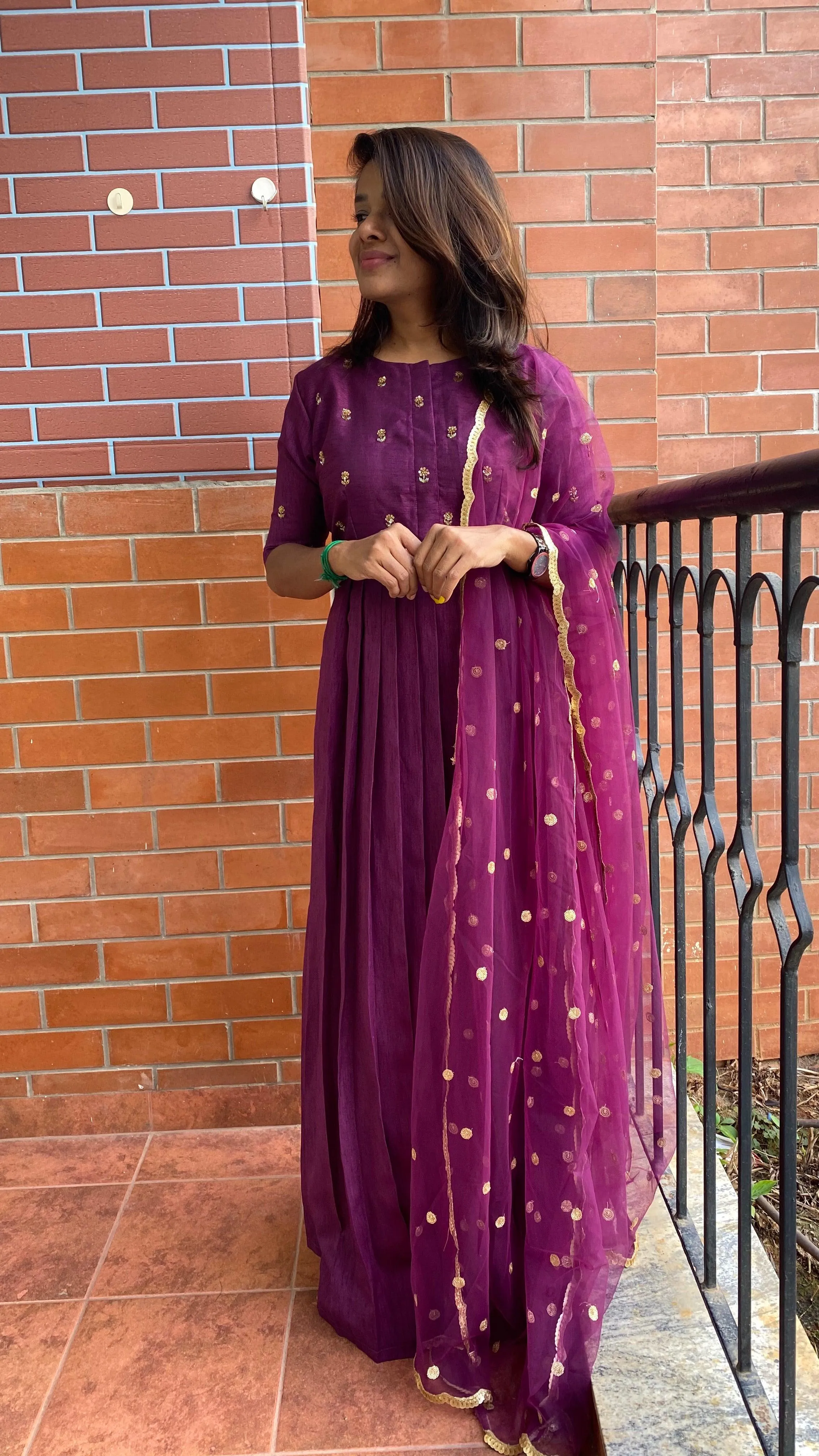 Wine silk salwar full hand worked top and sleeve worked dress