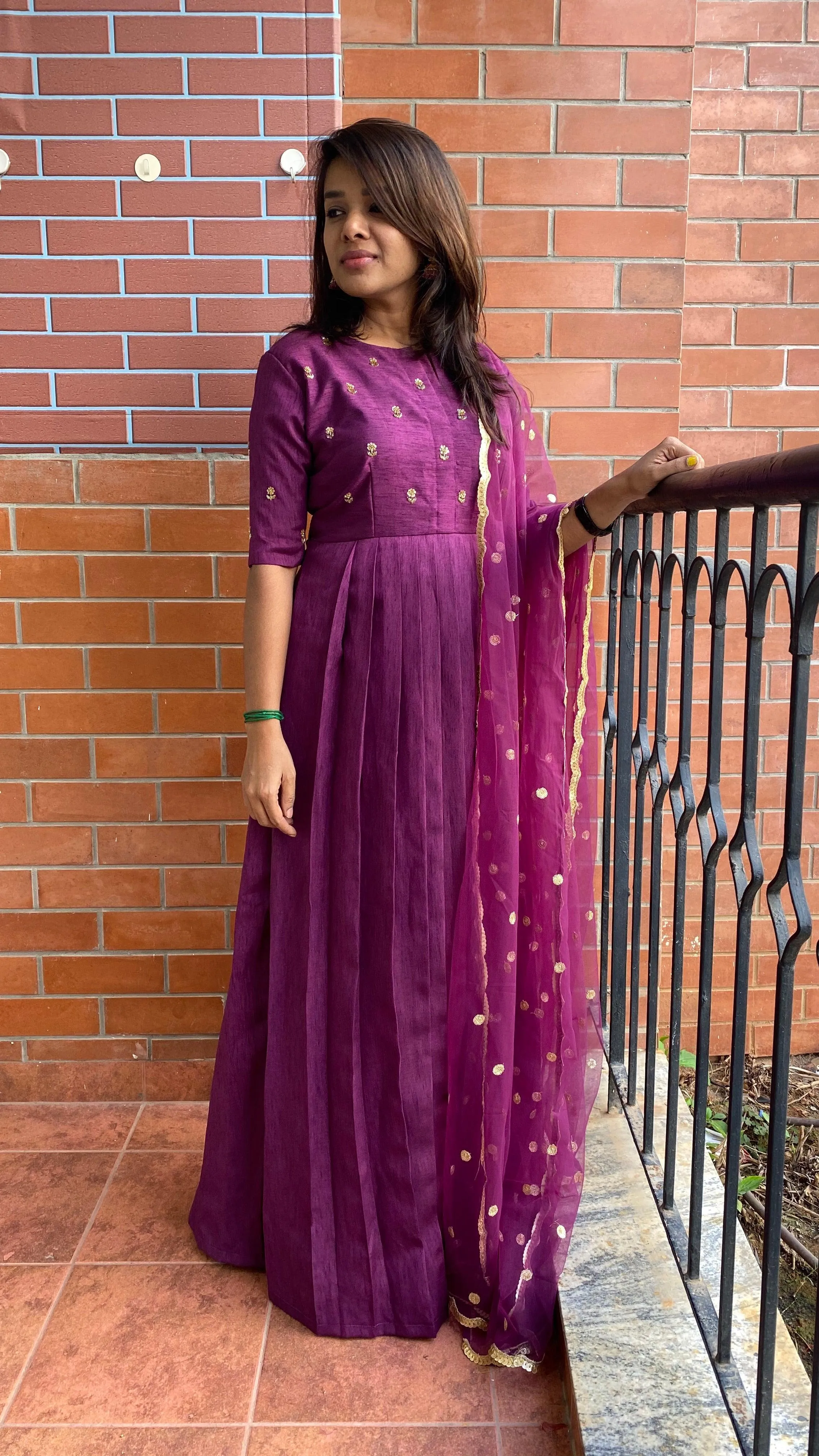 Wine silk salwar full hand worked top and sleeve worked dress