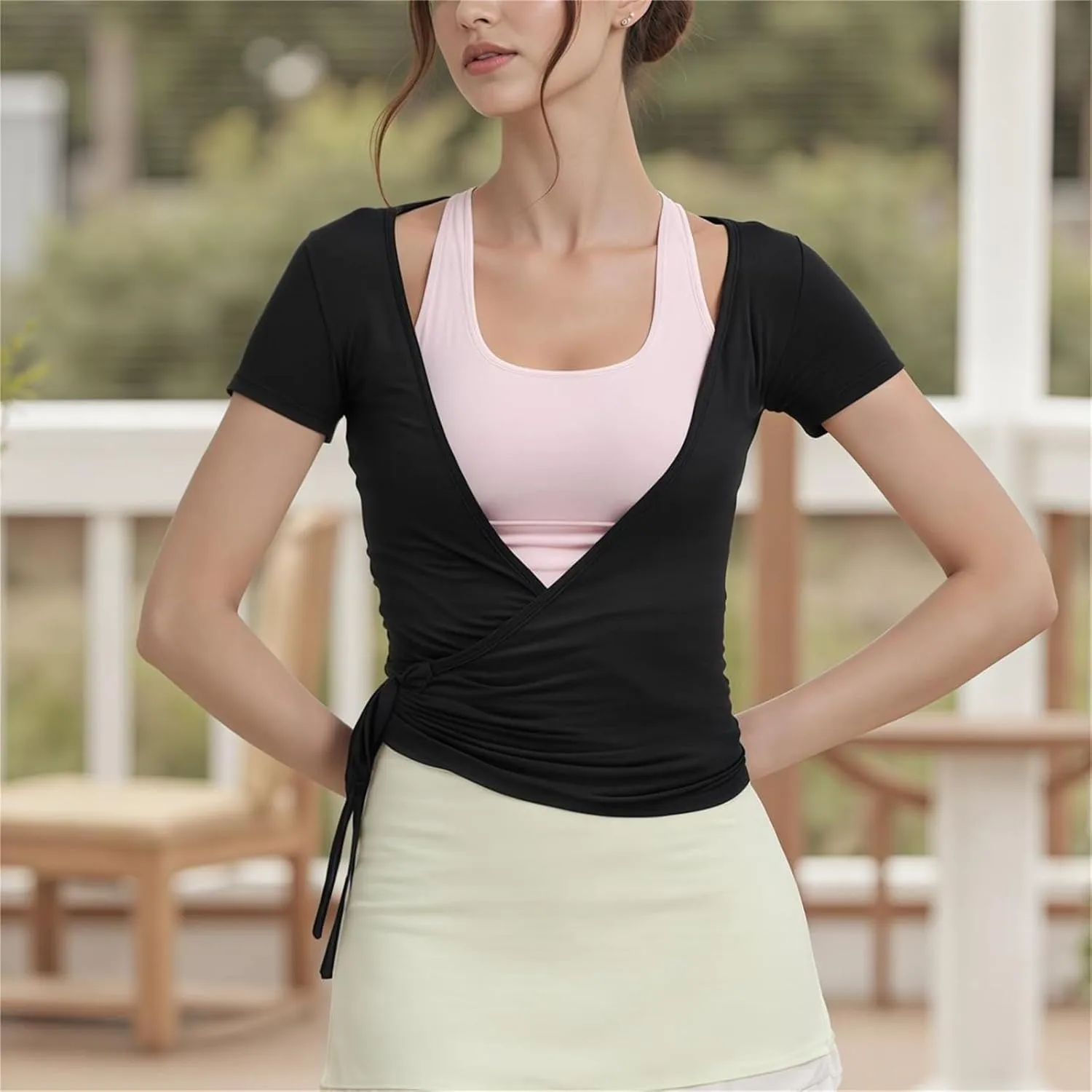 Women Short Sleeve Tie Wrap Top Y2K V Neck Cross Wrap Yoga Crop Top Slim Fit Tie Front Workout Ballet Shirt