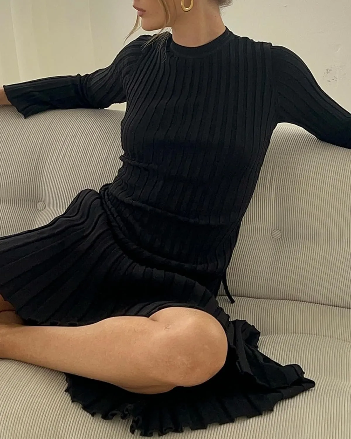 Women Y2K Bell Long Sleeve Knit Sweater Dress Crewneck Ribbed Bodycon Long Maxi Slim Fit Dress Streetwear