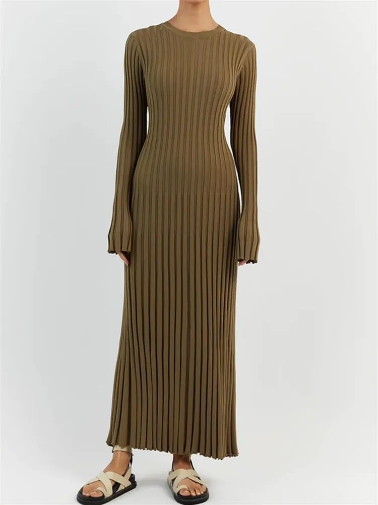 Women Y2K Bell Long Sleeve Knit Sweater Dress Crewneck Ribbed Bodycon Long Maxi Slim Fit Dress Streetwear