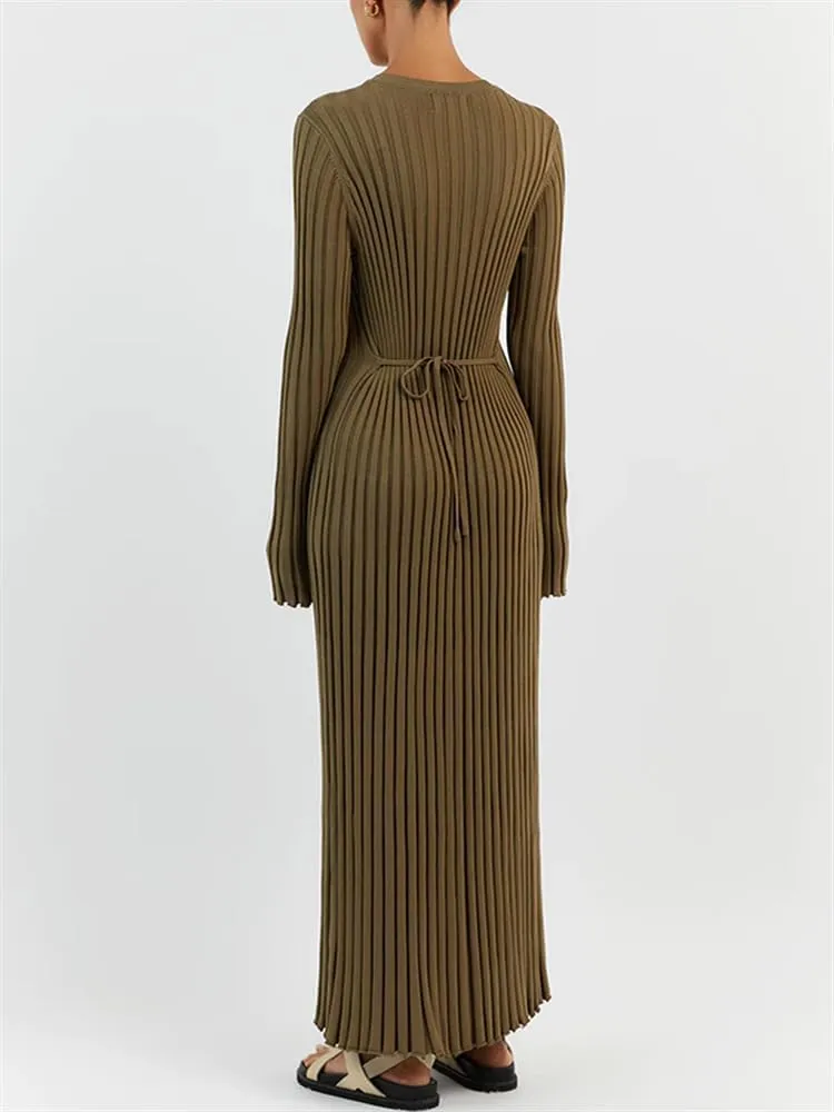Women Y2K Bell Long Sleeve Knit Sweater Dress Crewneck Ribbed Bodycon Long Maxi Slim Fit Dress Streetwear