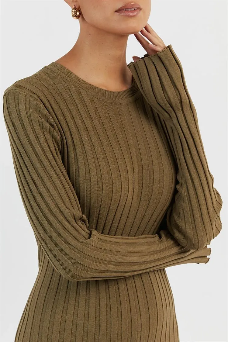 Women Y2K Bell Long Sleeve Knit Sweater Dress Crewneck Ribbed Bodycon Long Maxi Slim Fit Dress Streetwear