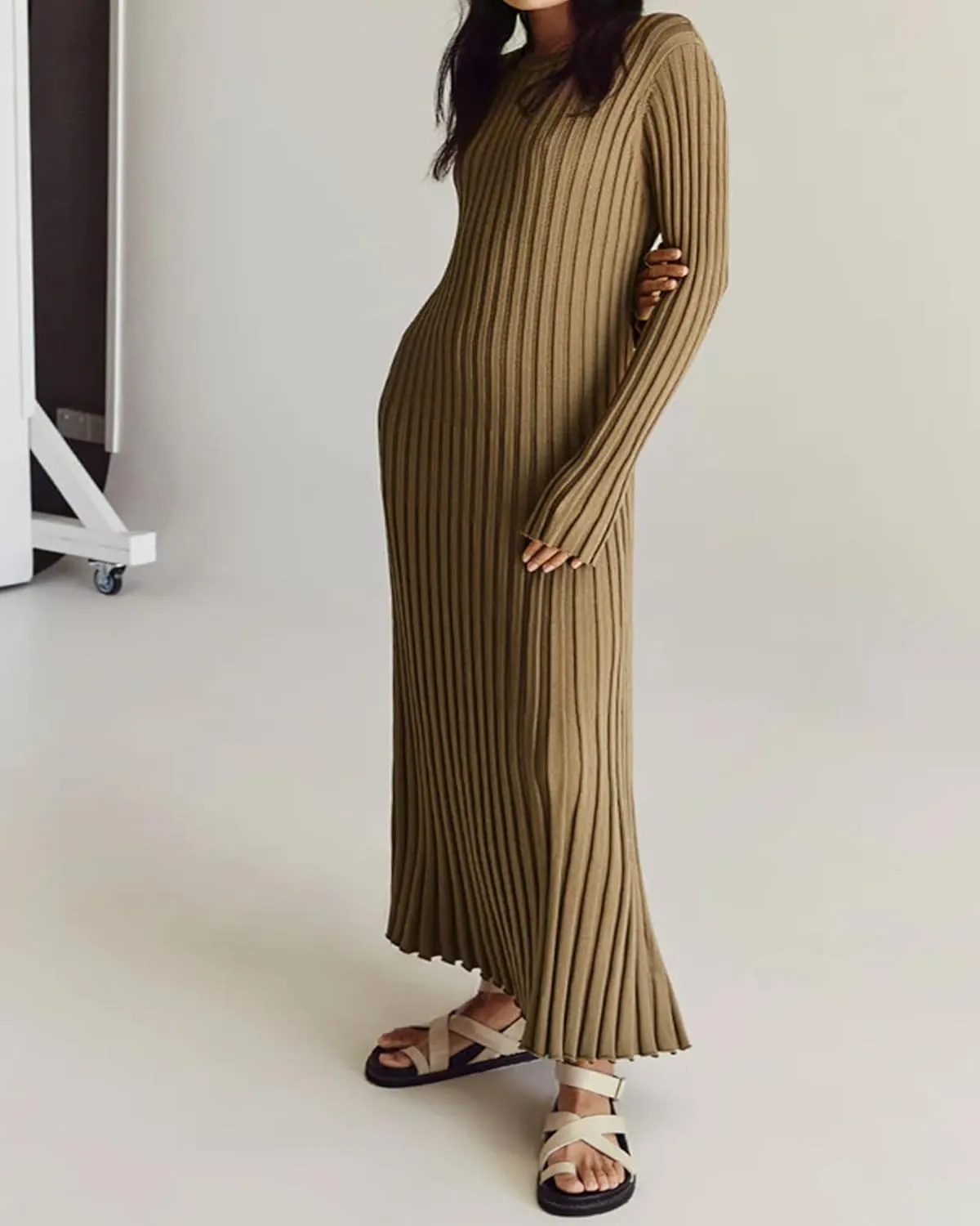 Women Y2K Bell Long Sleeve Knit Sweater Dress Crewneck Ribbed Bodycon Long Maxi Slim Fit Dress Streetwear