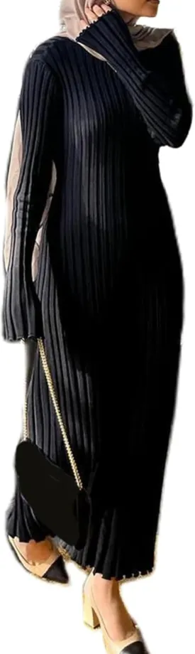 Women Y2K Bell Long Sleeve Knit Sweater Dress Crewneck Ribbed Bodycon Long Maxi Slim Fit Dress Streetwear