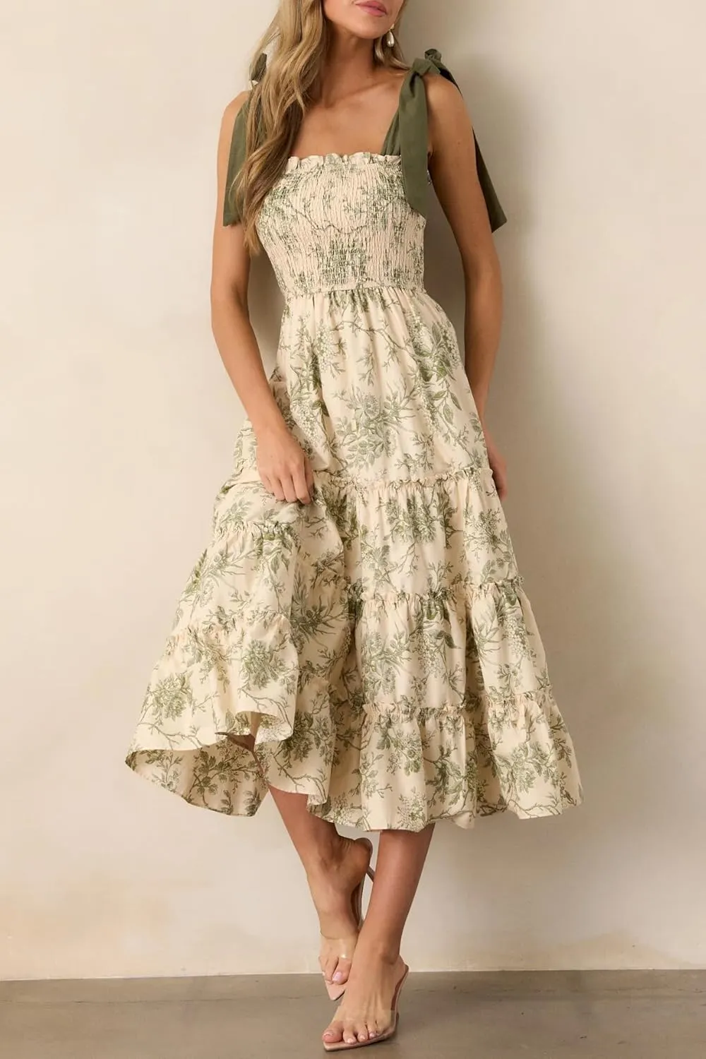 Women Y2k Floral Smocked Maxi Dress Bow Tie Shoulder Tiered Ruffle Midi Sun Dress Boho Casual Beach Long Dresses