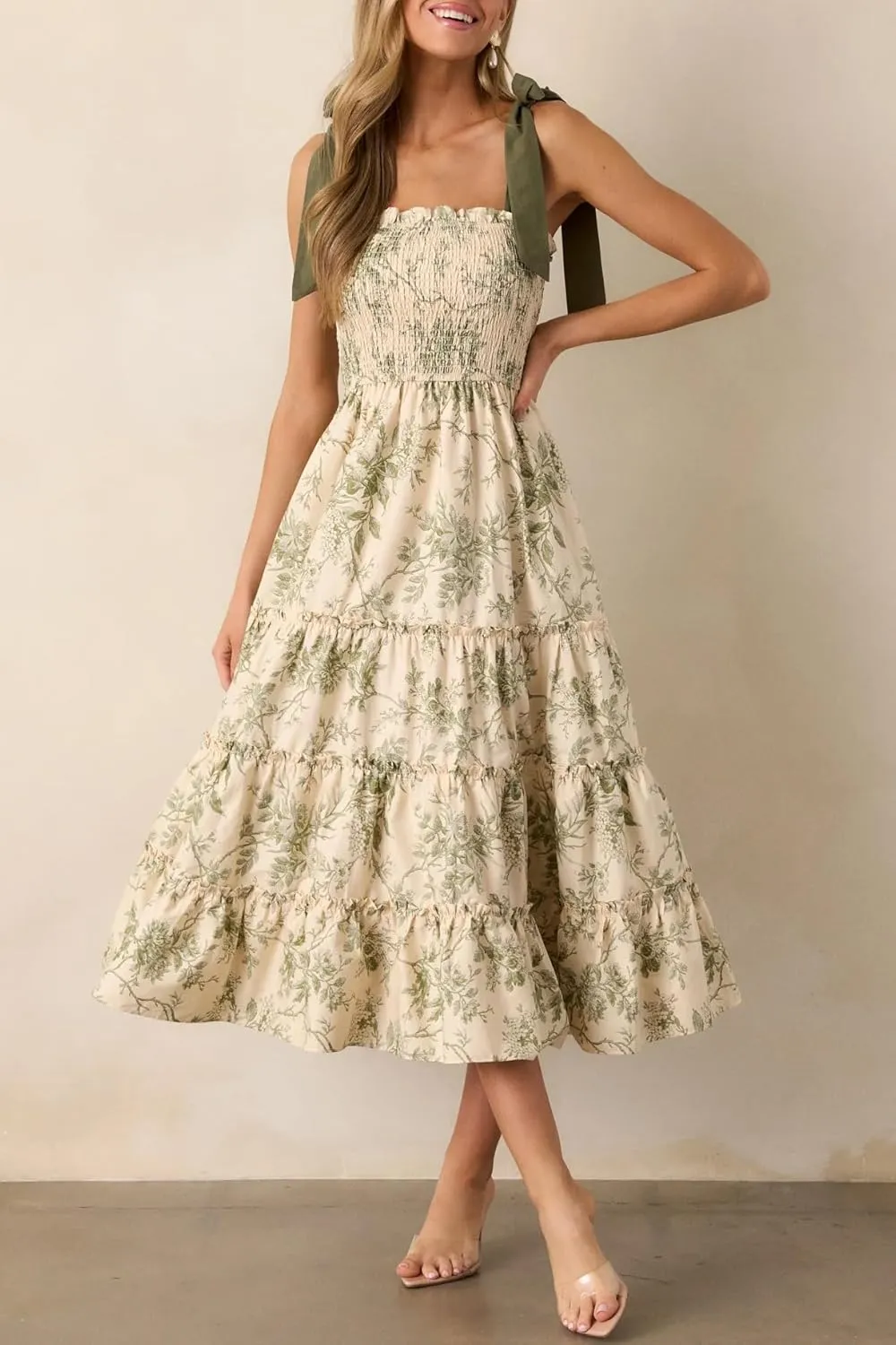 Women Y2k Floral Smocked Maxi Dress Bow Tie Shoulder Tiered Ruffle Midi Sun Dress Boho Casual Beach Long Dresses