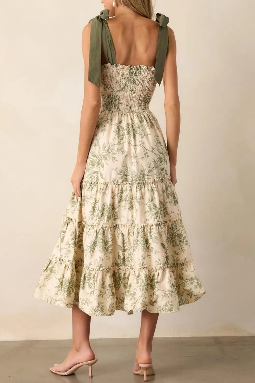 Women Y2k Floral Smocked Maxi Dress Bow Tie Shoulder Tiered Ruffle Midi Sun Dress Boho Casual Beach Long Dresses