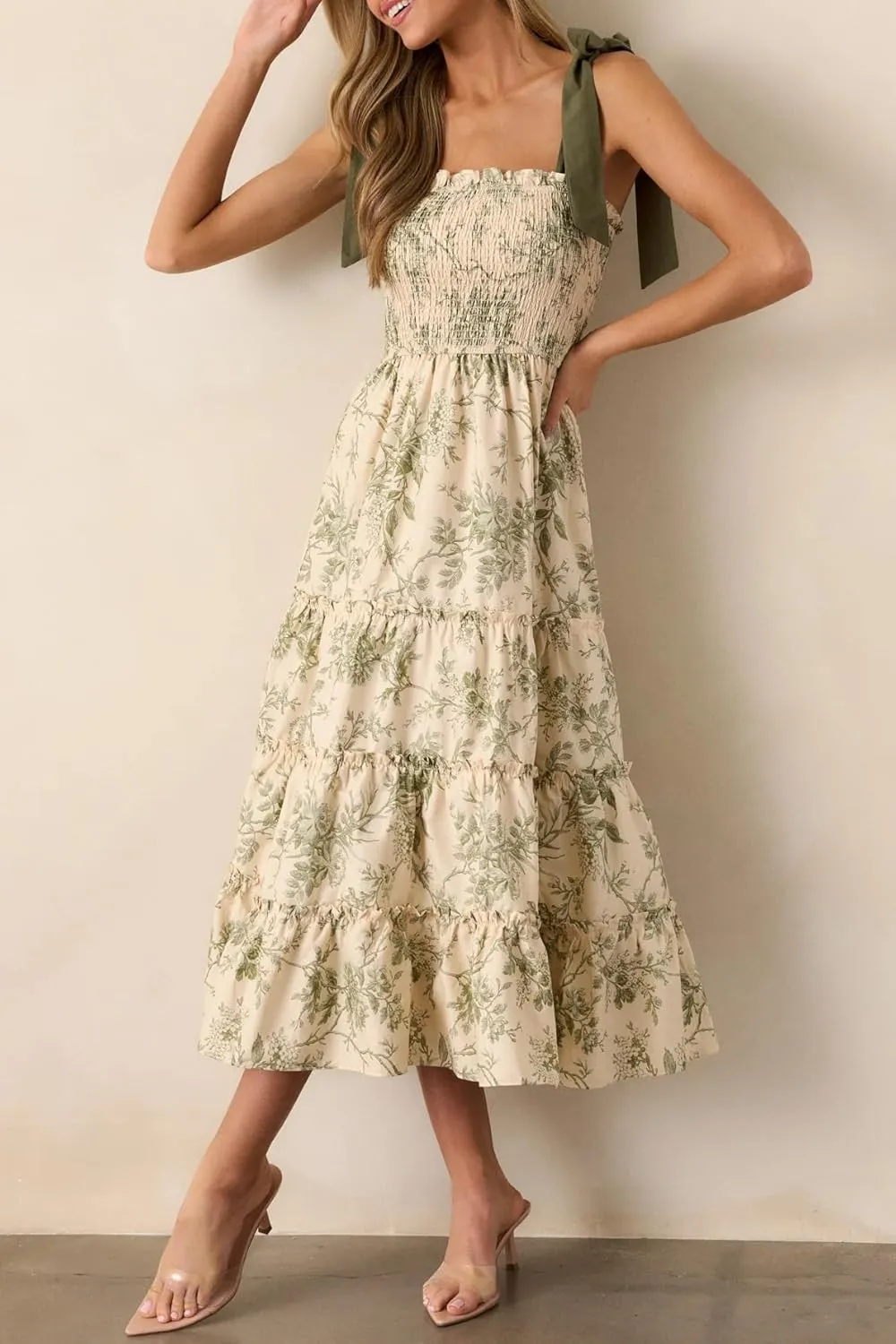 Women Y2k Floral Smocked Maxi Dress Bow Tie Shoulder Tiered Ruffle Midi Sun Dress Boho Casual Beach Long Dresses