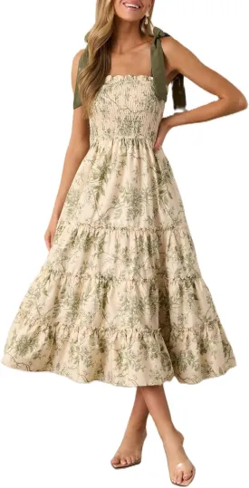 Women Y2k Floral Smocked Maxi Dress Bow Tie Shoulder Tiered Ruffle Midi Sun Dress Boho Casual Beach Long Dresses