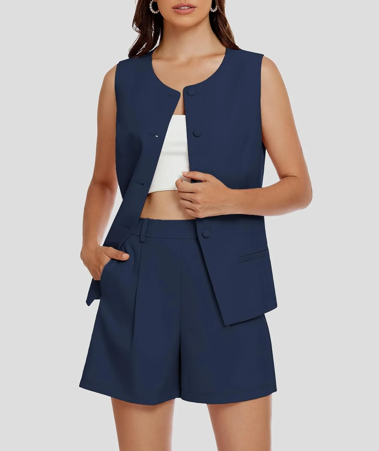 Women's 2 Piece Blazer Suit Set Summer Business Matching Sets Crew Neck Button Vest Shorts Dressy Work Outfits