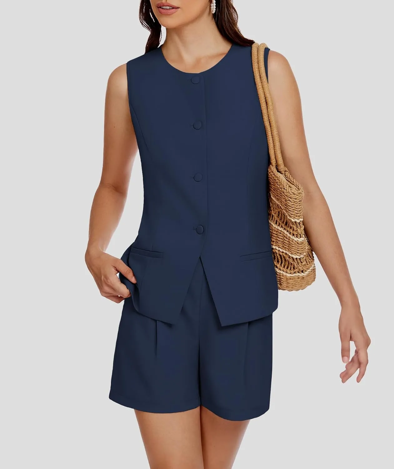 Women's 2 Piece Blazer Suit Set Summer Business Matching Sets Crew Neck Button Vest Shorts Dressy Work Outfits