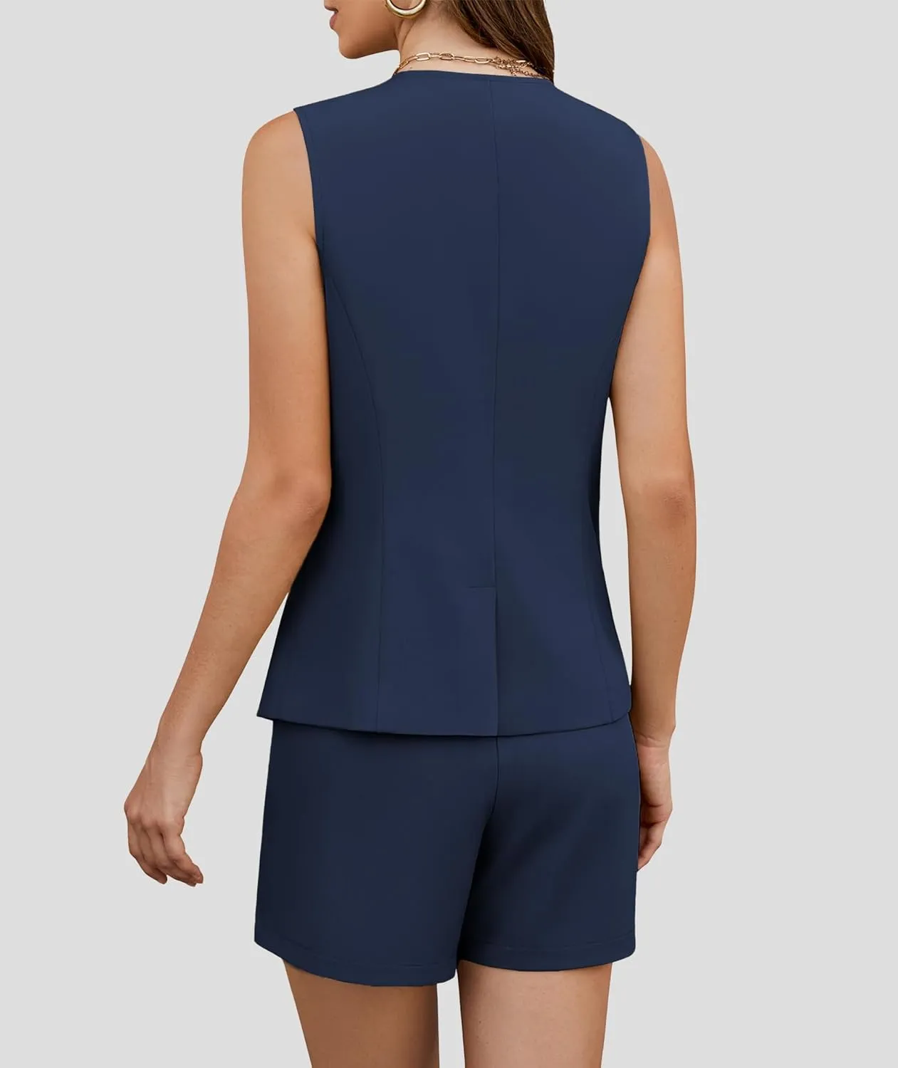 Women's 2 Piece Blazer Suit Set Summer Business Matching Sets Crew Neck Button Vest Shorts Dressy Work Outfits