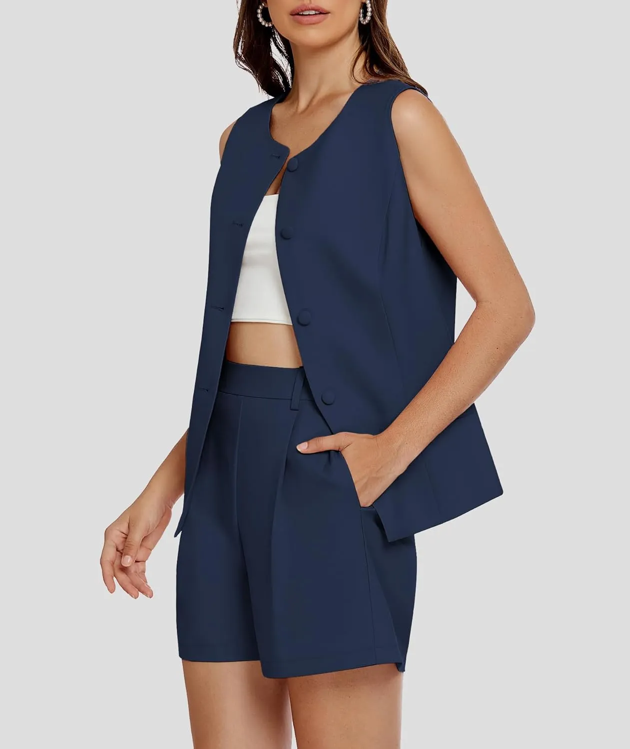 Women's 2 Piece Blazer Suit Set Summer Business Matching Sets Crew Neck Button Vest Shorts Dressy Work Outfits