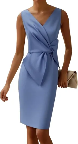 Women's 2025 Summer Sleeveless Straps Midi Dresses Blue Plain Waist Cinching A Line Slim Fit Party Wrap Dress with Bow