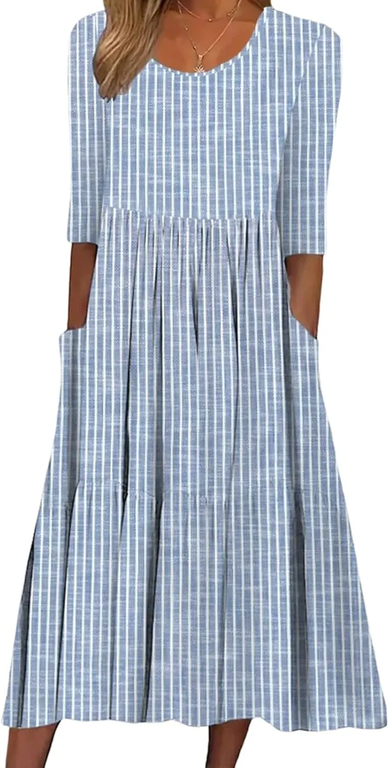 Women's Blue Striped Round Neck Half Sleeve Dress 2025 Summer Casual Waist Cinching A-Line Midi Dress with Pockets