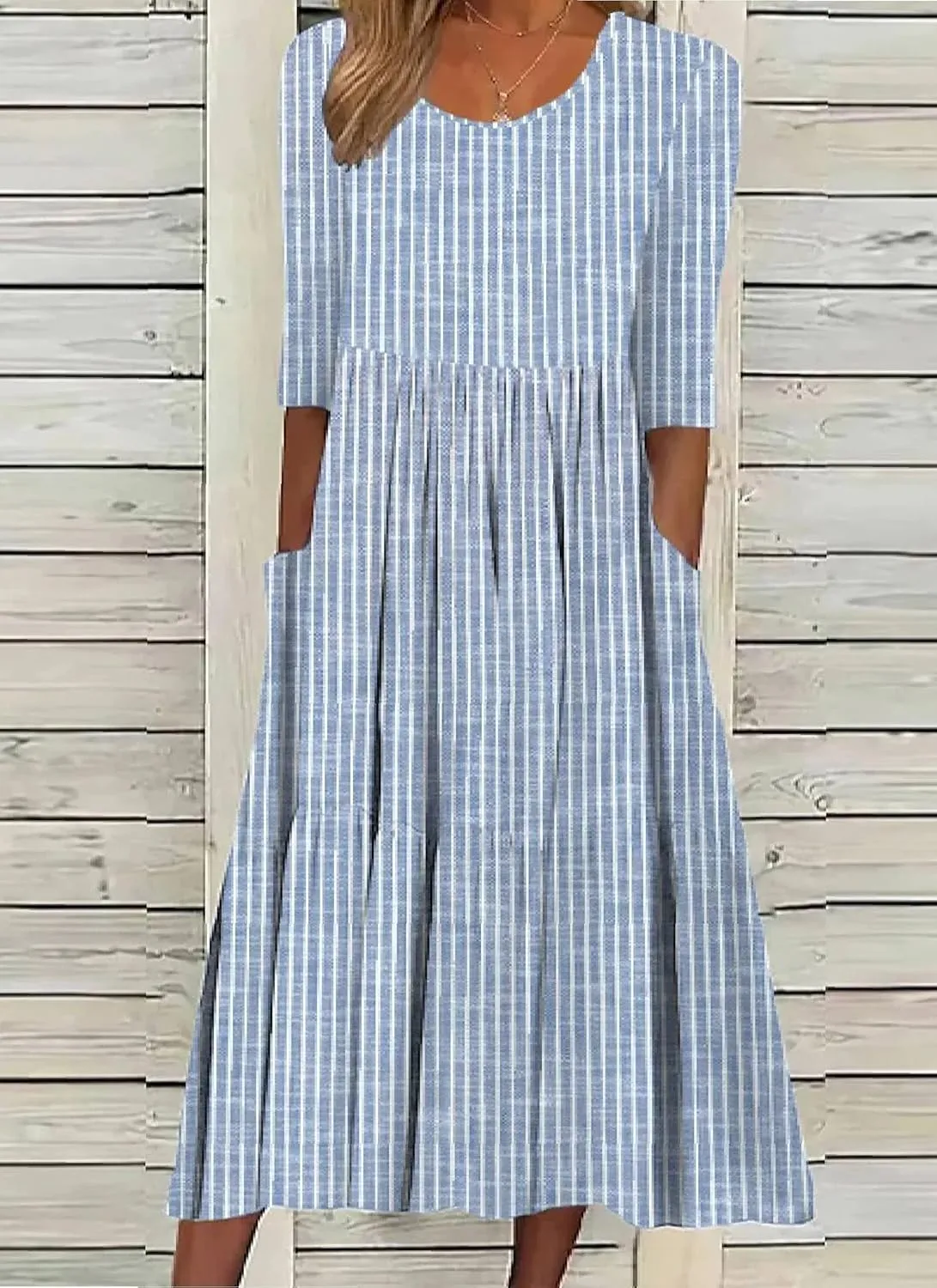 Women's Blue Striped Round Neck Half Sleeve Dress 2025 Summer Casual Waist Cinching A-Line Midi Dress with Pockets