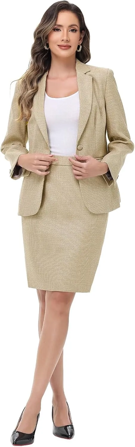 Women's Business Skirt Suit 2 Piece Set Plaid Houndstooth Blazer Pencil Skirt for Women