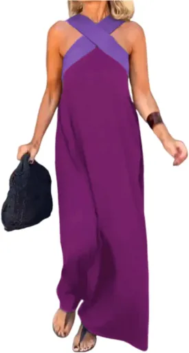 Women's Cross Halter Neck Sleeveless Stitching Dress, Trendy Causal Summer Beach Long Dress