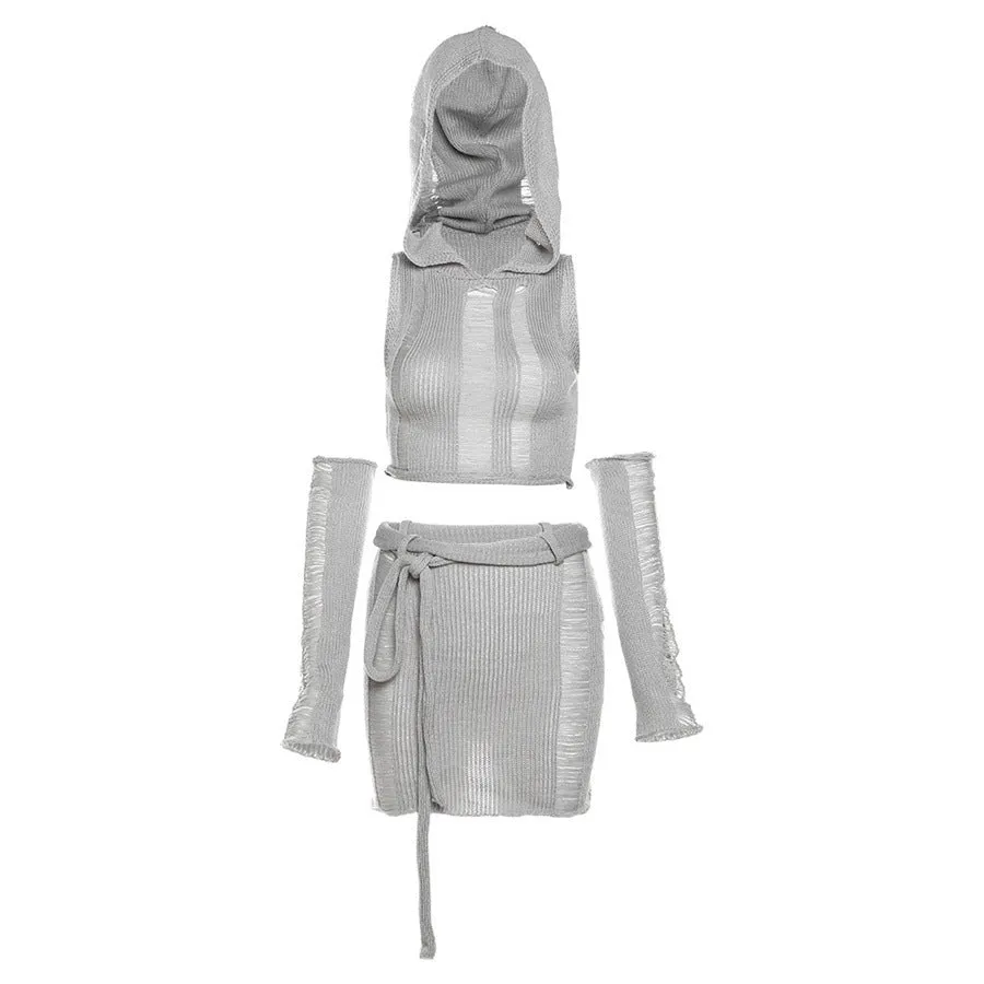 Women's Graceful And Fashionable Solid Color Knitted Hooded Top High Waist Hip-wrapped Skirt Suit