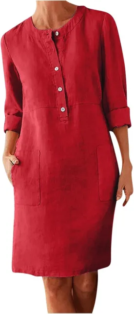 Women's Half Button Down Cotton Linen Dress Long Sleeve Fall Casual Crewneck Knee-Length Dresses with Pockets