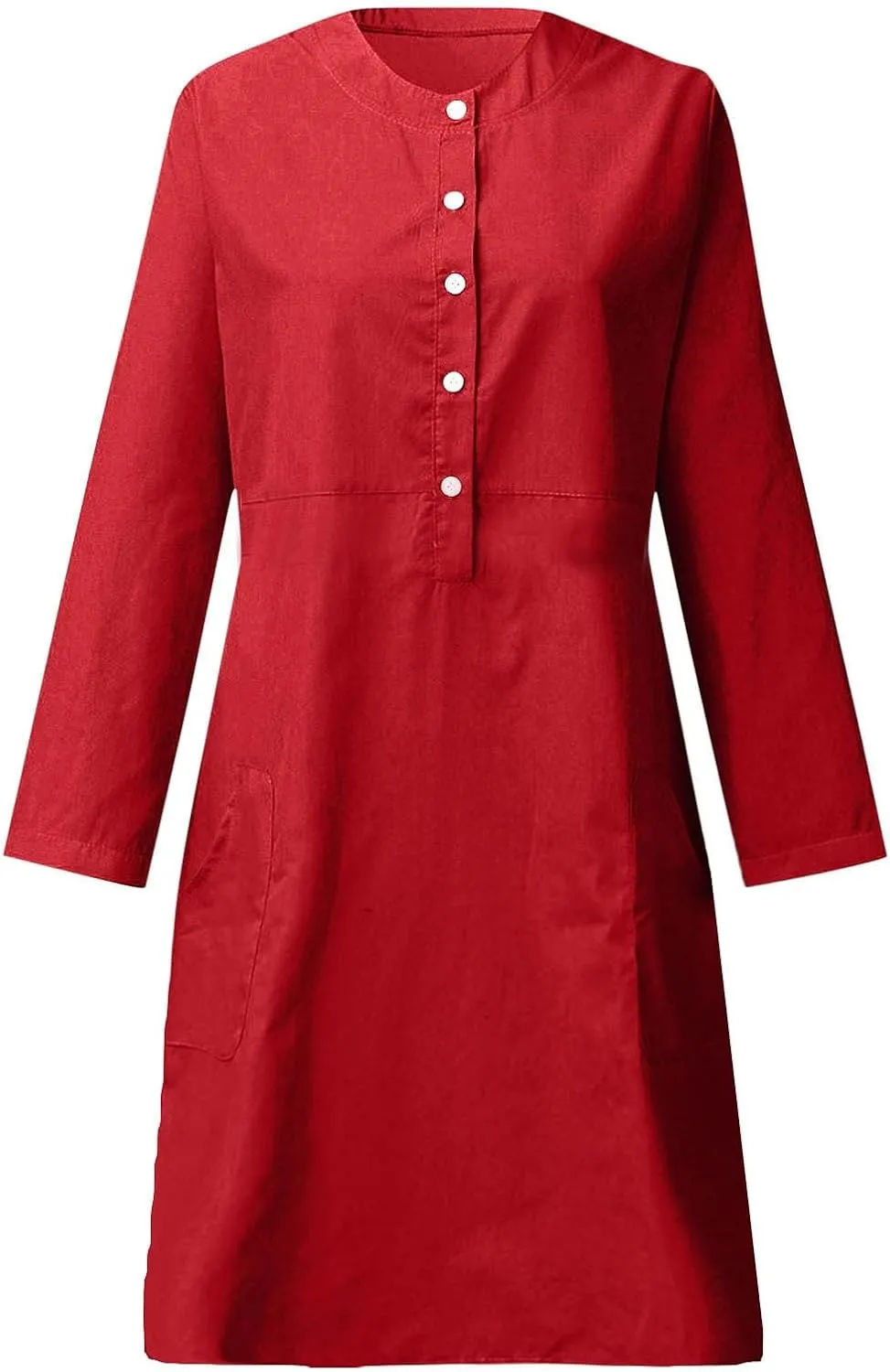 Women's Half Button Down Cotton Linen Dress Long Sleeve Fall Casual Crewneck Knee-Length Dresses with Pockets
