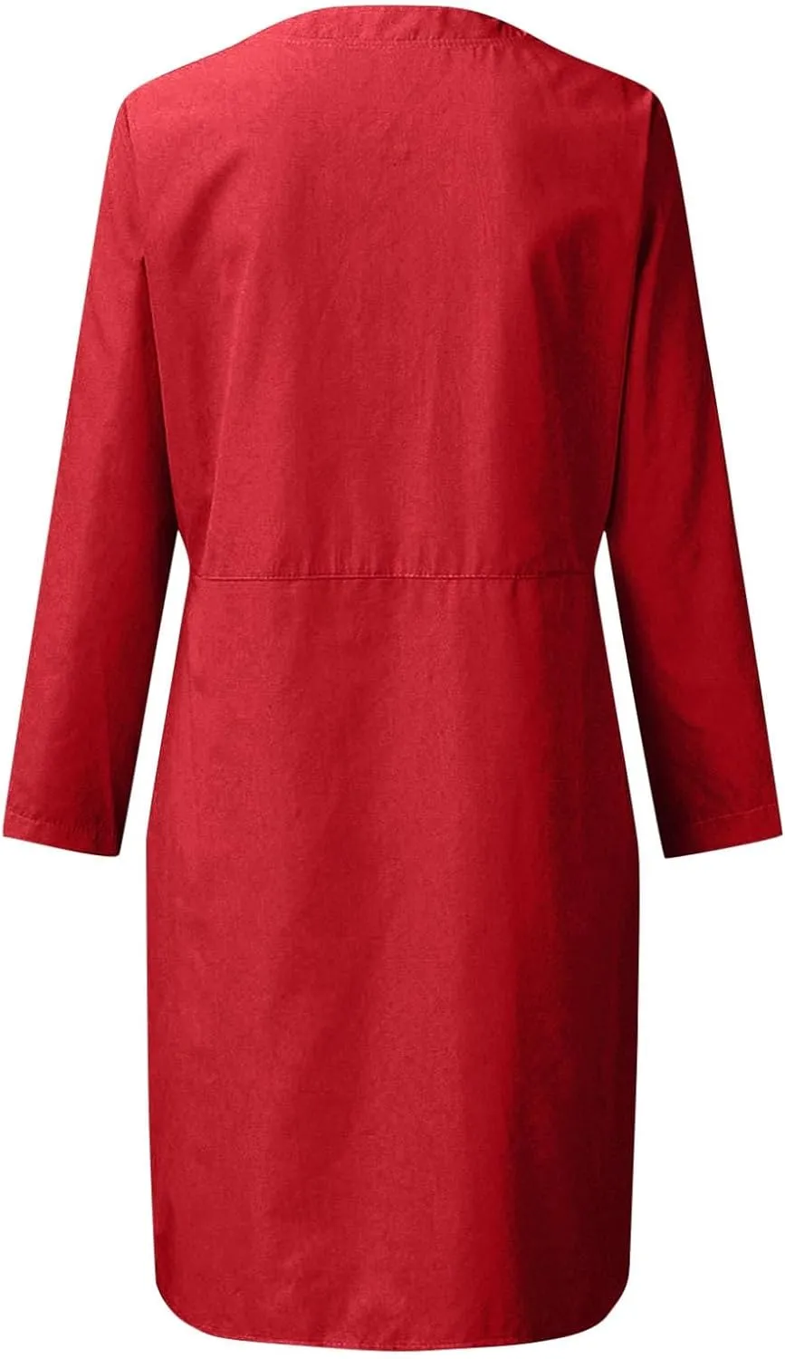 Women's Half Button Down Cotton Linen Dress Long Sleeve Fall Casual Crewneck Knee-Length Dresses with Pockets