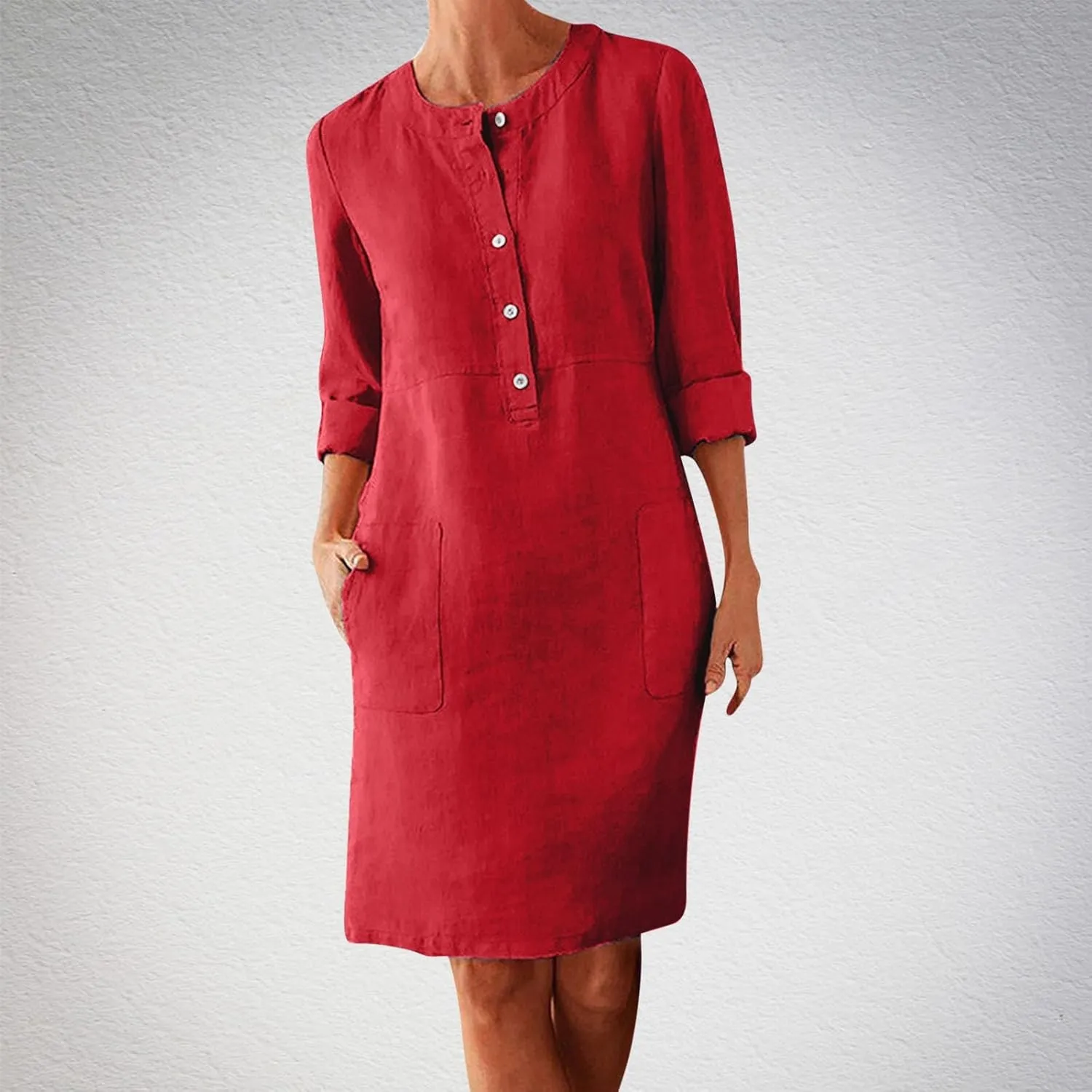 Women's Half Button Down Cotton Linen Dress Long Sleeve Fall Casual Crewneck Knee-Length Dresses with Pockets