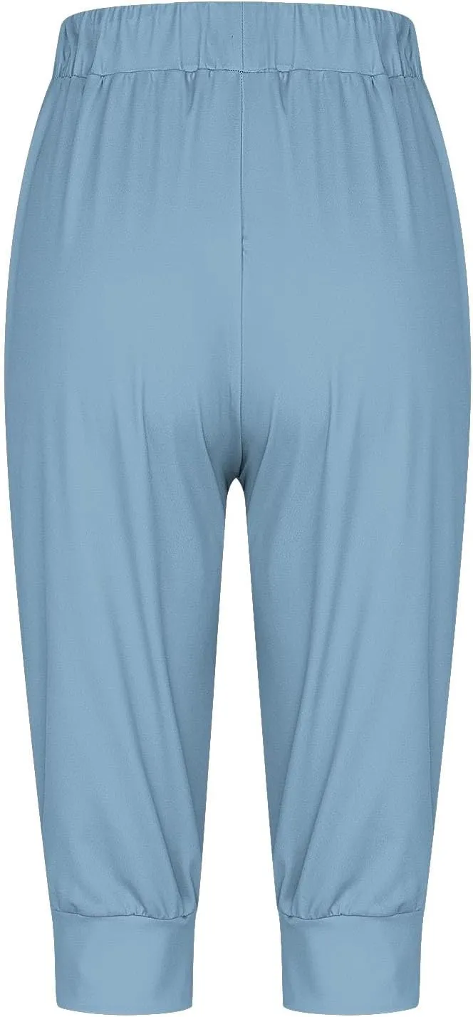 Women's High Elastic Drawstring Pant Pocket Casual Cuff Sweatpant Stretch Waist Vacation Trouser Comfy Trendy Pants