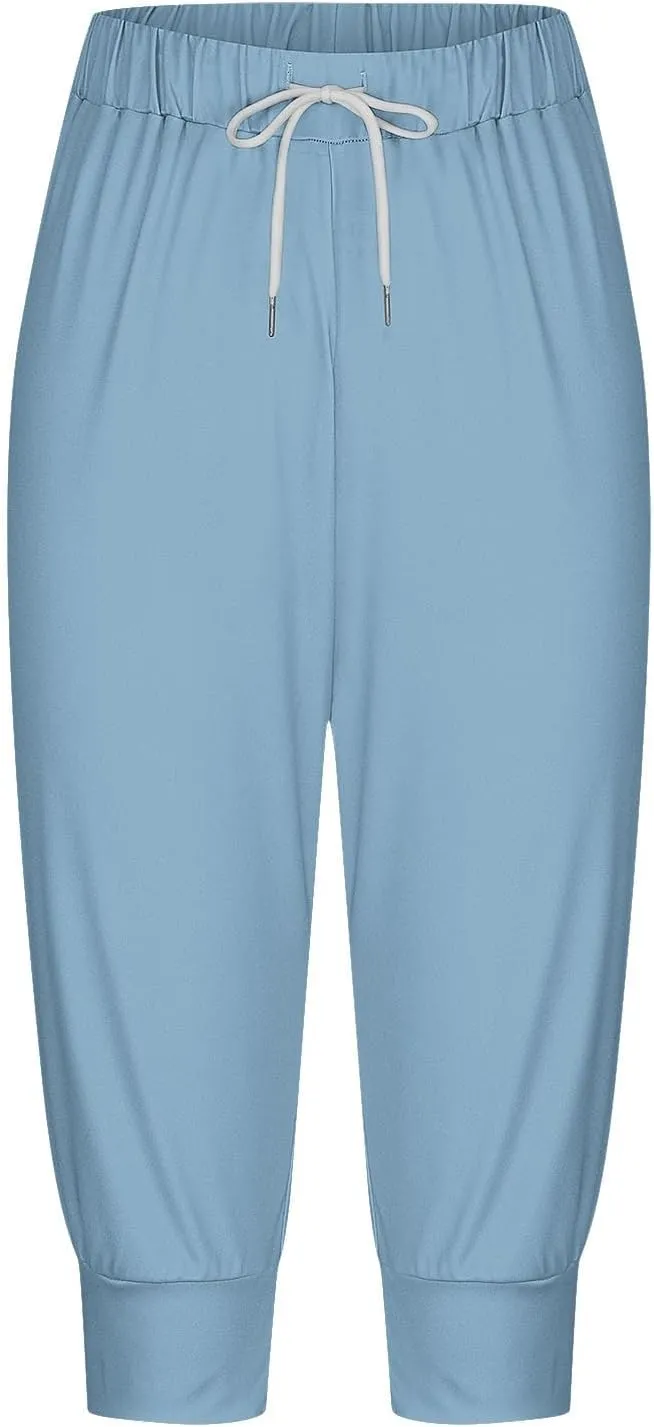 Women's High Elastic Drawstring Pant Pocket Casual Cuff Sweatpant Stretch Waist Vacation Trouser Comfy Trendy Pants
