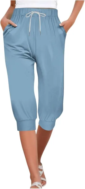 Women's High Elastic Drawstring Pant Pocket Casual Cuff Sweatpant Stretch Waist Vacation Trouser Comfy Trendy Pants