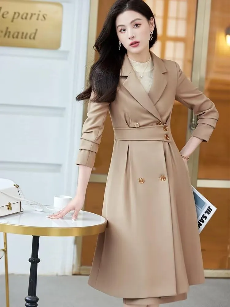 Womens Mid Length Suit Set Winter Smart Casual Overcoat Pencil Skirt Separates-Coat & Skirt