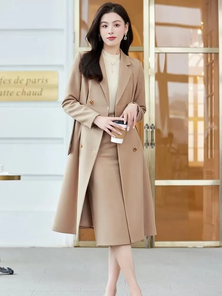 Womens Mid Length Suit Set Winter Smart Casual Overcoat Pencil Skirt Separates-Coat & Skirt