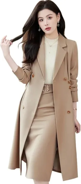 Womens Mid Length Suit Set Winter Smart Casual Overcoat Pencil Skirt Separates-Coat & Skirt