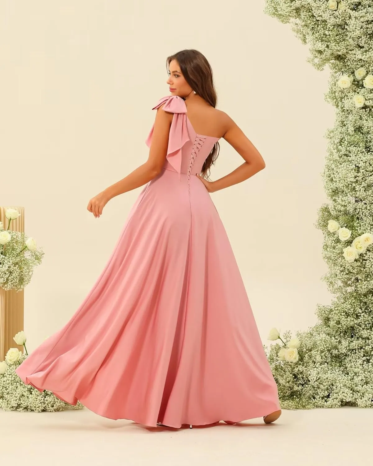 Women's One Shoulder Bridesmaid Dresses with Bow Long Prom Dress with Slit Satin Formal Dresses RA026