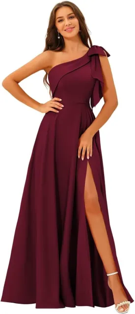 Women's One Shoulder Bridesmaid Dresses with Bow Long Prom Dress with Slit Satin Formal Dresses RA026