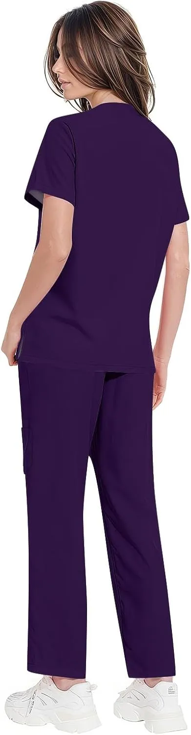 Womens Scrub Sets Medical Uniform Cool Stretch V-Neck Top And Cargo Pant Jogger Casual Unisex Workwear Suit Set
