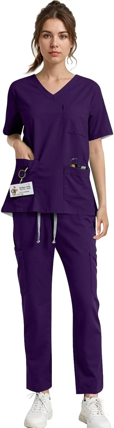 Womens Scrub Sets Medical Uniform Cool Stretch V-Neck Top And Cargo Pant Jogger Casual Unisex Workwear Suit Set