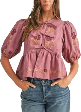 Womens Short Puff Sleeve Floral Embroidery Poplin Front Self Tie Detail Peplum Top Blouse