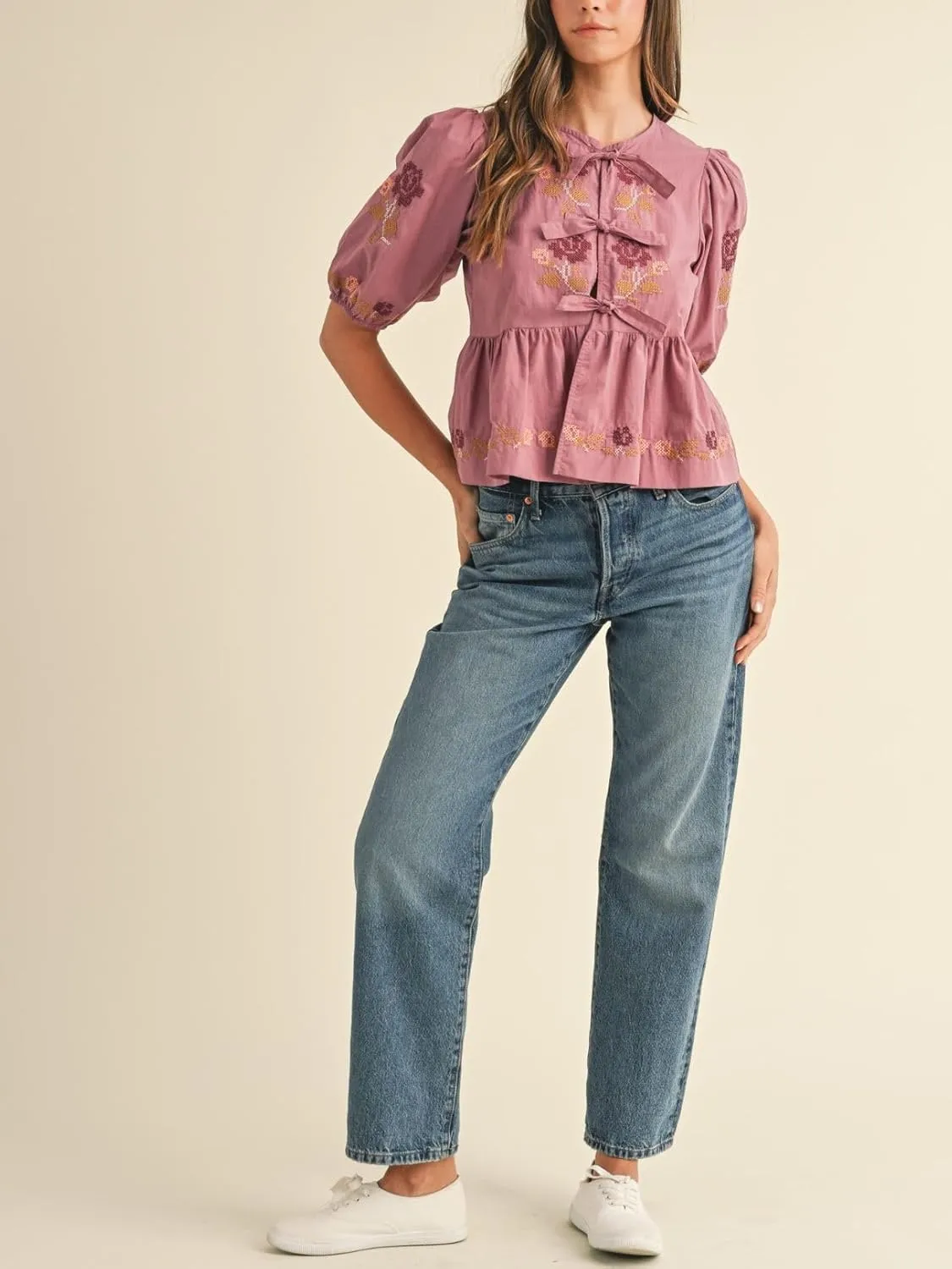 Womens Short Puff Sleeve Floral Embroidery Poplin Front Self Tie Detail Peplum Top Blouse