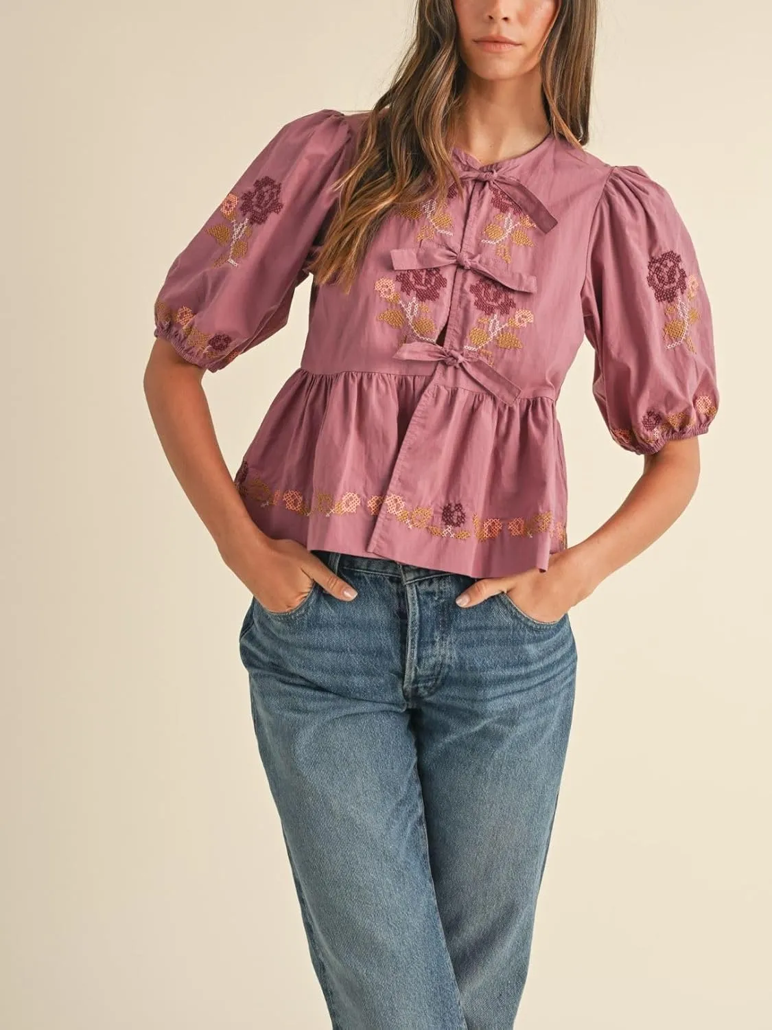 Womens Short Puff Sleeve Floral Embroidery Poplin Front Self Tie Detail Peplum Top Blouse