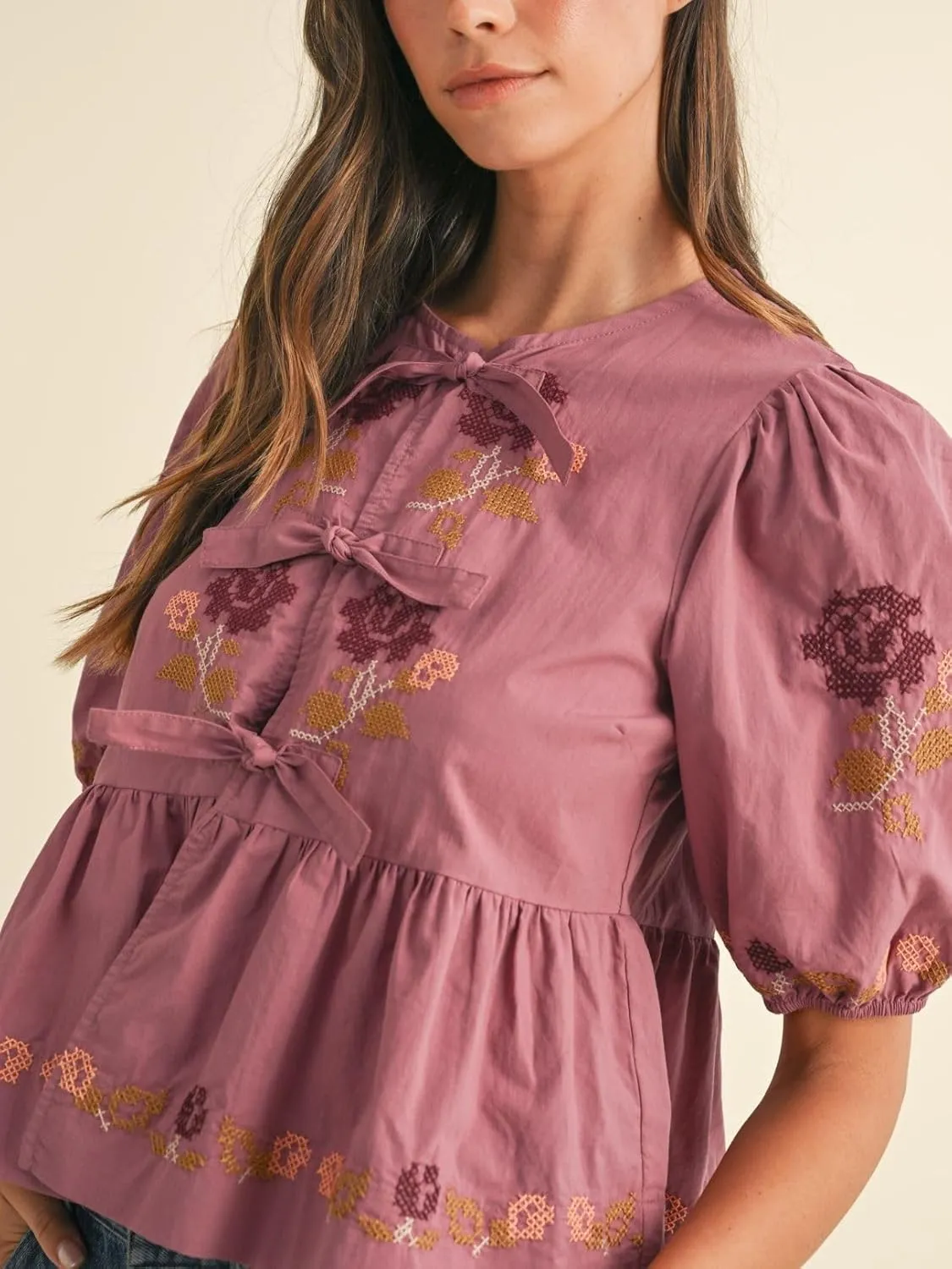 Womens Short Puff Sleeve Floral Embroidery Poplin Front Self Tie Detail Peplum Top Blouse