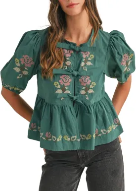 Womens Short Puff Sleeve Floral Embroidery Poplin Front Self Tie Detail Peplum Top Blouse