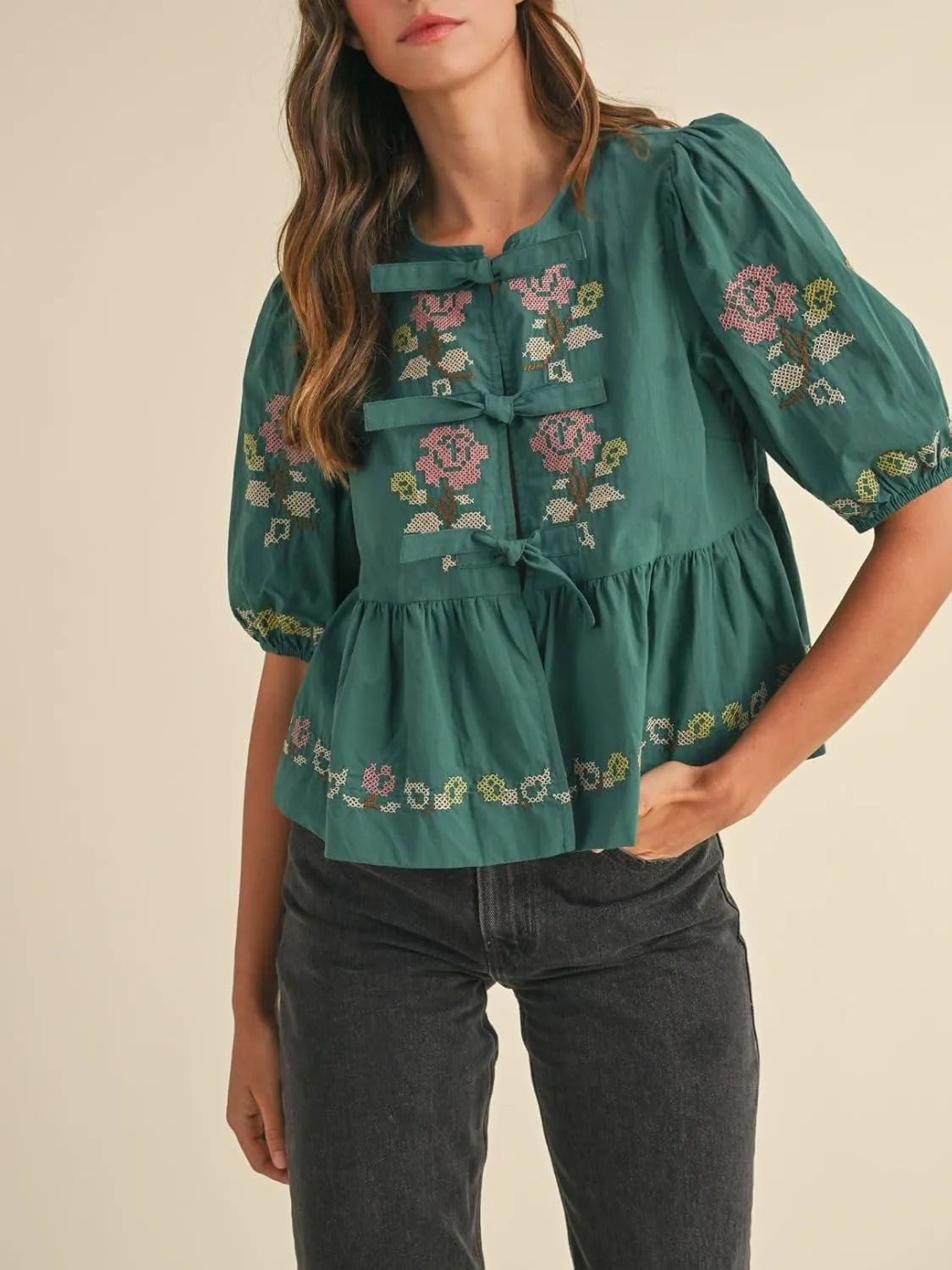 Womens Short Puff Sleeve Floral Embroidery Poplin Front Self Tie Detail Peplum Top Blouse
