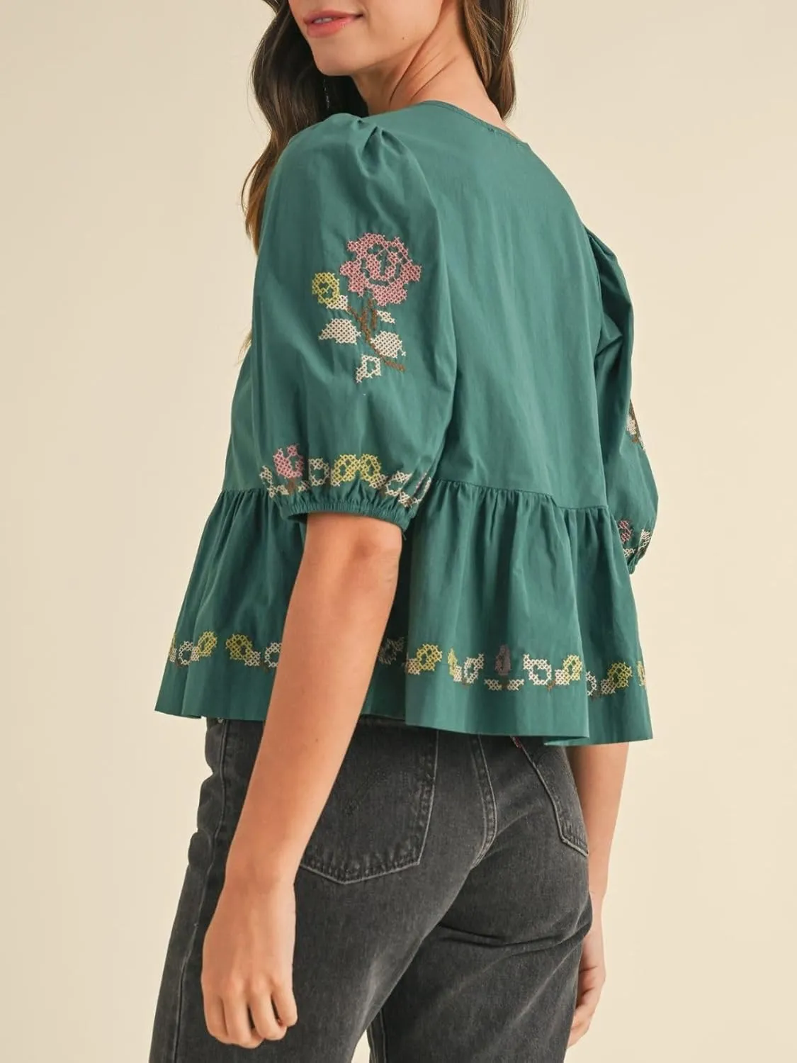 Womens Short Puff Sleeve Floral Embroidery Poplin Front Self Tie Detail Peplum Top Blouse
