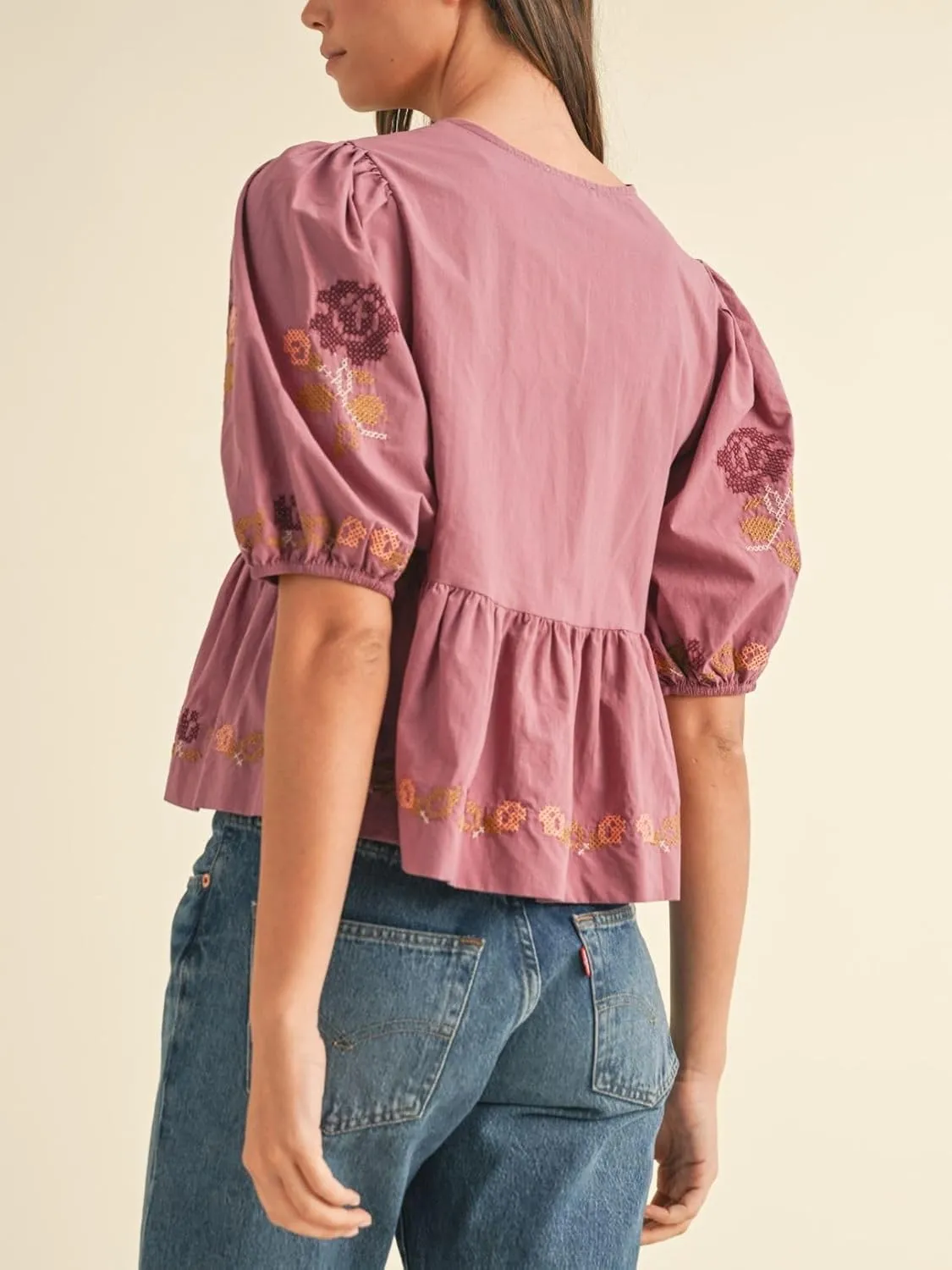Womens Short Puff Sleeve Floral Embroidery Poplin Front Self Tie Detail Peplum Top Blouse